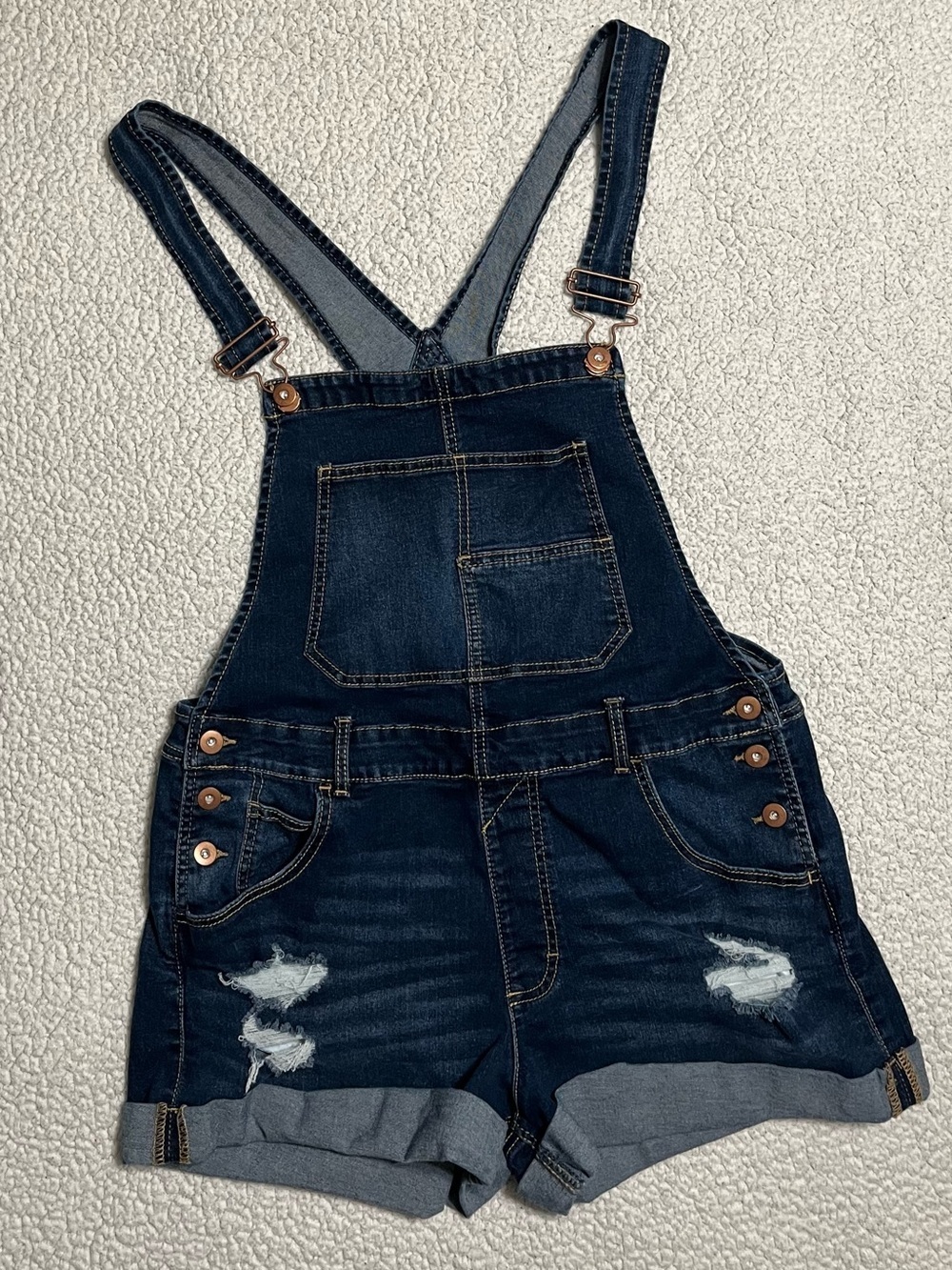No Boundaries Blue Denim Short Overalls with Distressed Details